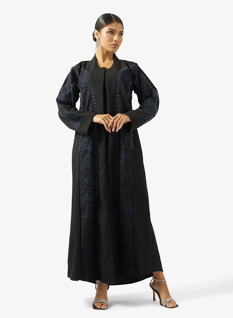 hayas closet  Floral Embroidered And Embellished Open Front Round Neck Abaya for Women | Best Price UAE